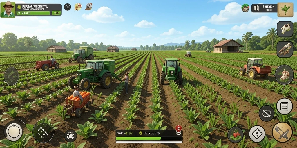 Tampilan gameplay menarik dari 34R dengan elemen pertanian yang hidup.