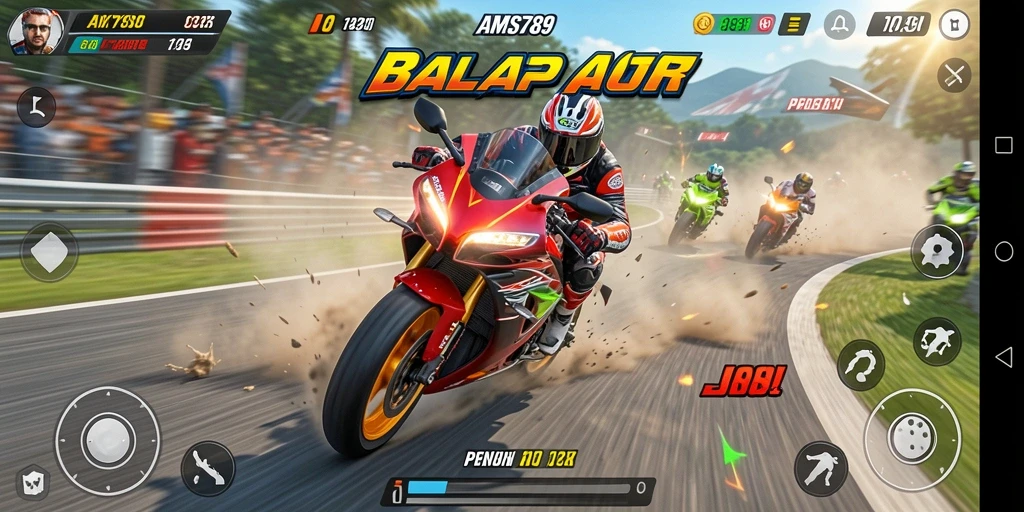 Screenshot menunjukkan aksi balap motor yang mendebarkan dan mendetail.
