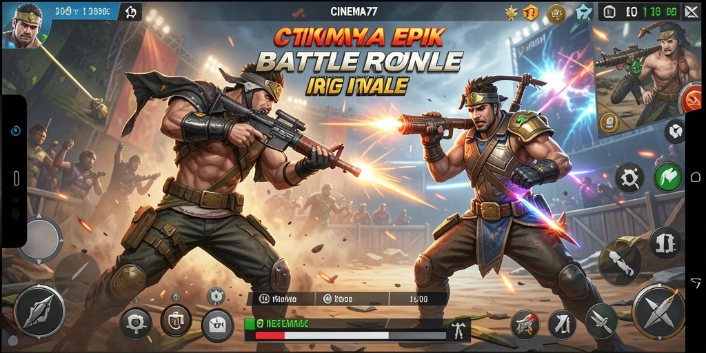 Screenshot CINEMA77 menampilkan pertempuran Battle Royale yang seru dan mendebarkan.