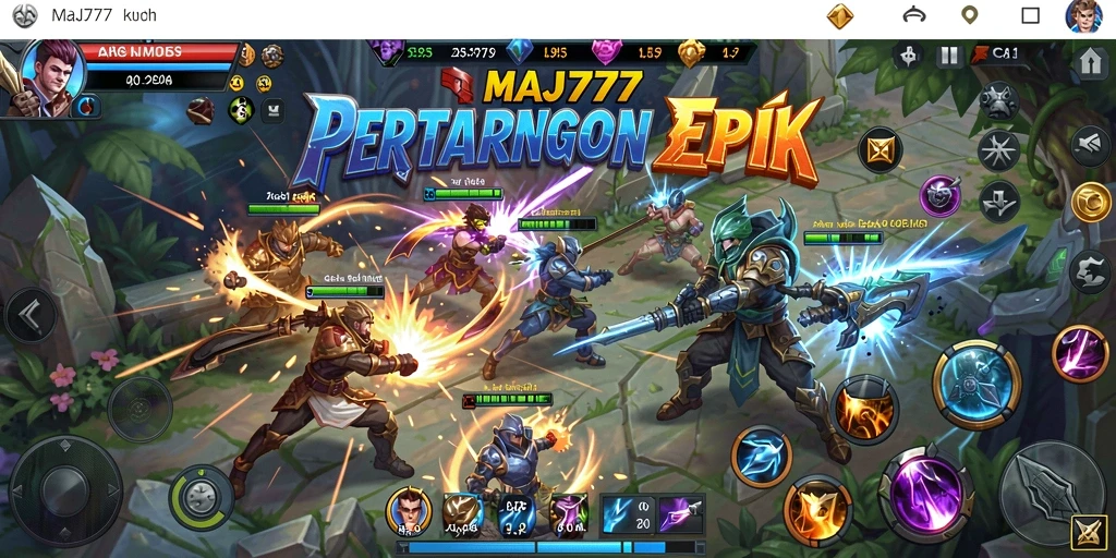 Screenshot MAJ777 menampilkan pertempuran epik dalam arena MOBA.