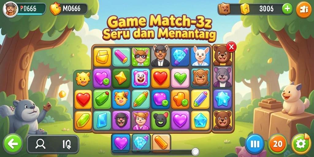 Gameplay seru MPO666 dalam match-3 penuh warna.