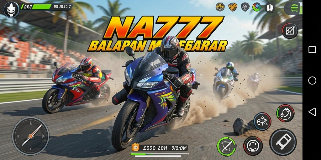 Tampilan gameplay seru di NA777 dengan aksi balapan motor yang mendebarkan.