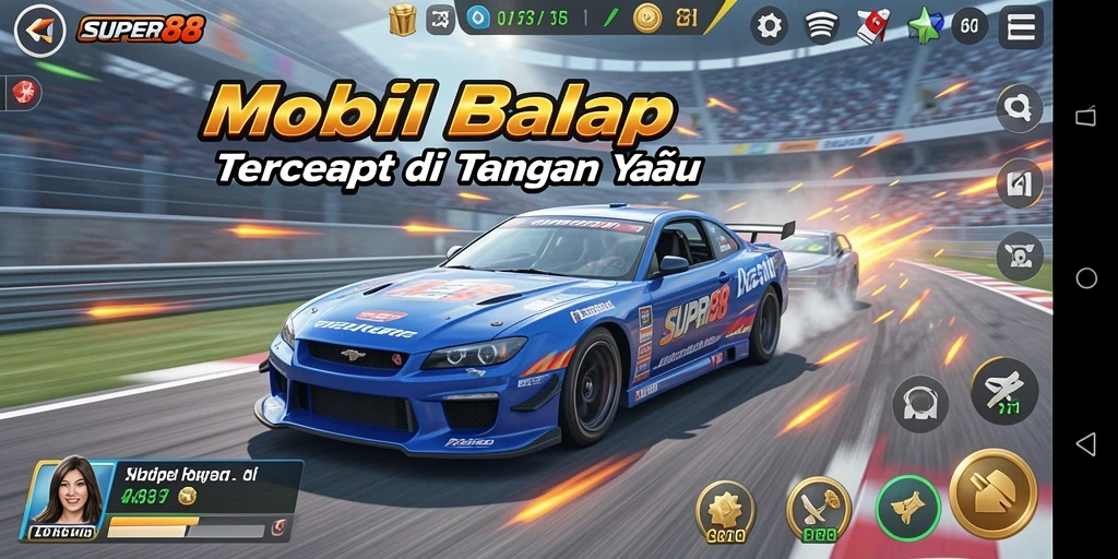 Screenshot SUPER88 menampilkan aksi balap mobil yang mendebarkan.