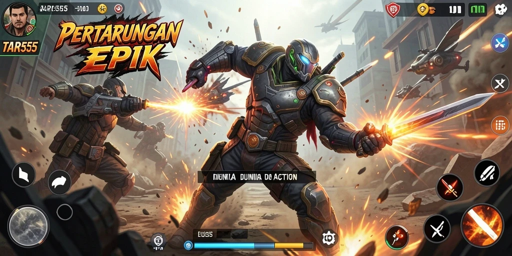 Tampilan menakjubkan dari gameplay TAR555 dengan aksi pertarungan yang cepat.