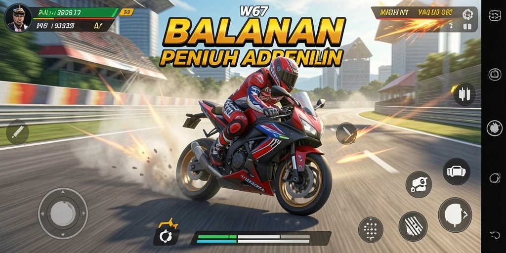 Tampilan menarik dari gameplay balapan motor W67 yang seru dan mendebarkan.