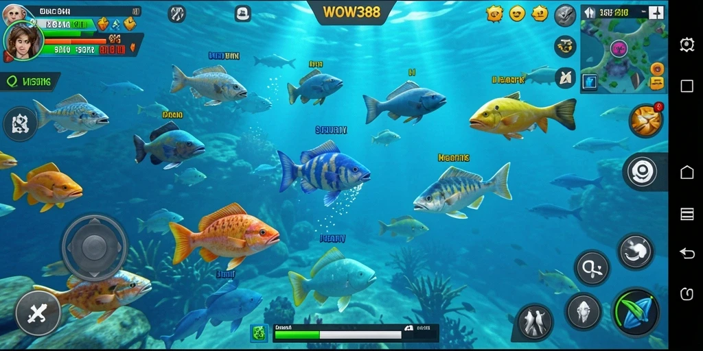 Tampilan gameplay WOW388 saat menembak ikan dengan senjata canggih.